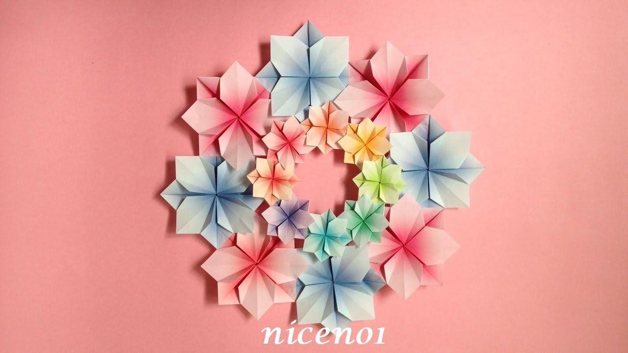 折り紙 あじさいの花のリース 折り方 Origami Hydrangea Flower Wreath Tutorial Niceno1 Youtube