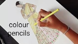 How to draw Saree sketch using colour pencils Fashion Illustration | Swathi Art Studio