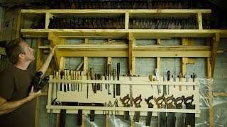 Joshua Farnsworth shows his "tool board" and hand plane shelf that he creatively built to store & display his woodworking hand ...