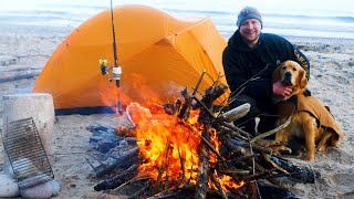Solo Winter TENT CAMPING on a Lake Superior Beach (Surf Fishing)