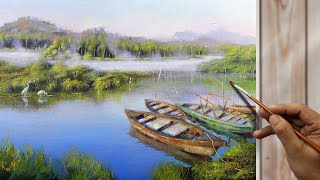 Acrylic Landscape Painting in Time-lapse | The River Water Boats | Fine Art Nature