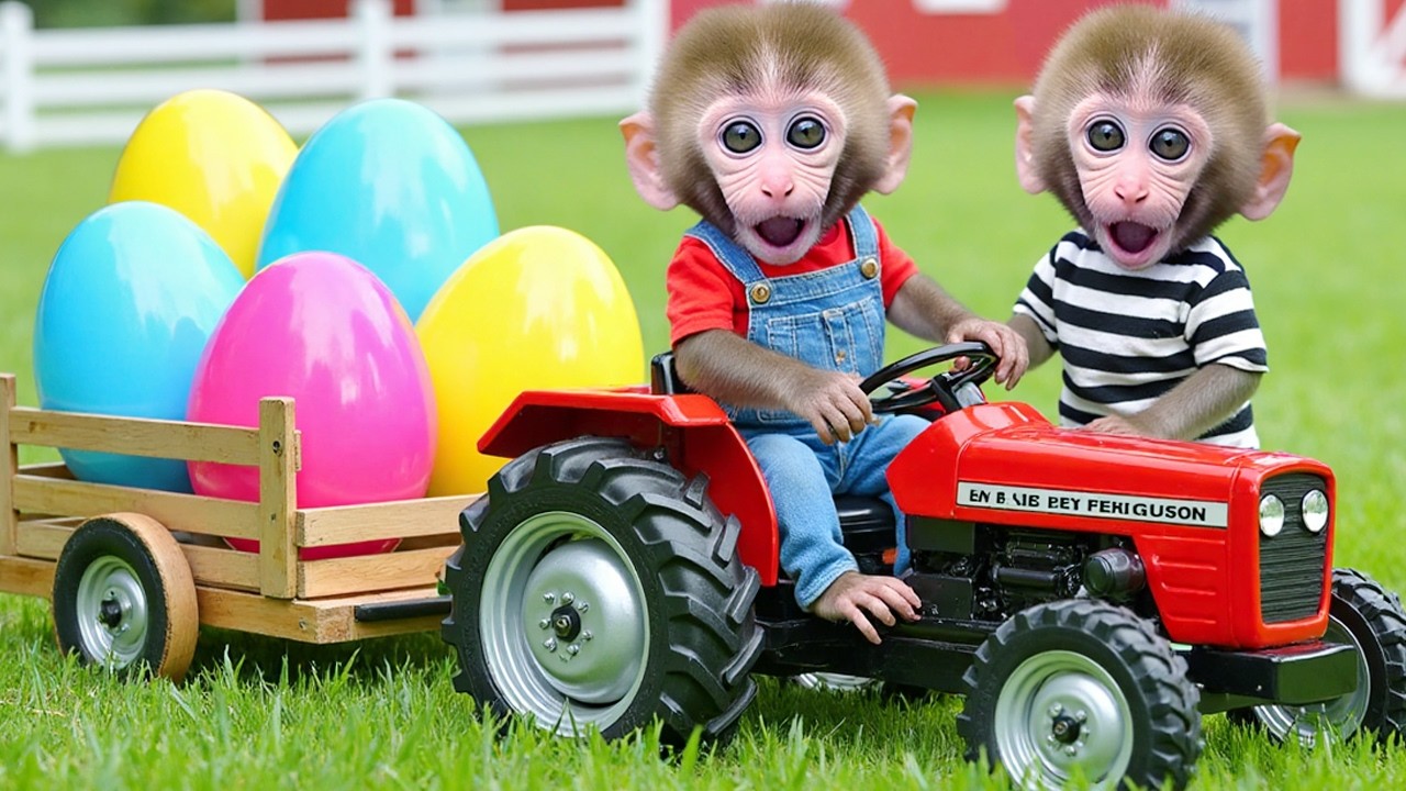 Monkey Nana Drives a Tractor and the adventure with the Golden egg nest from the burning UFO