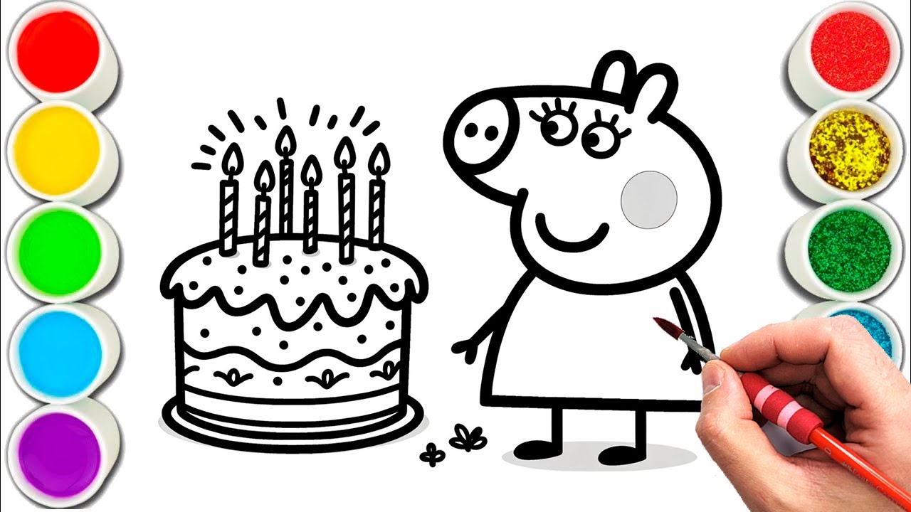 Peppa Pig with a large birthday cake Drawing, Painting & Coloring For Kids and Toddlers_ Child Art