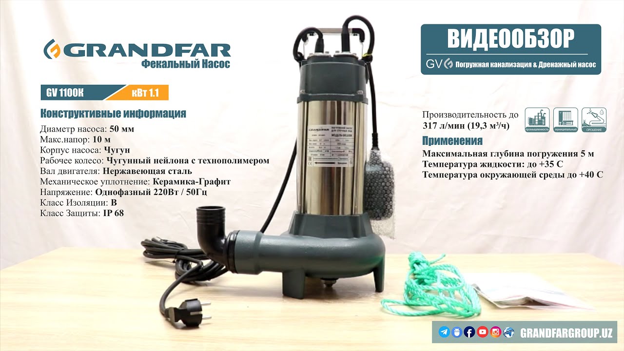 Насос канализационный погружной GRANDFAR GV 1100K - YouTube