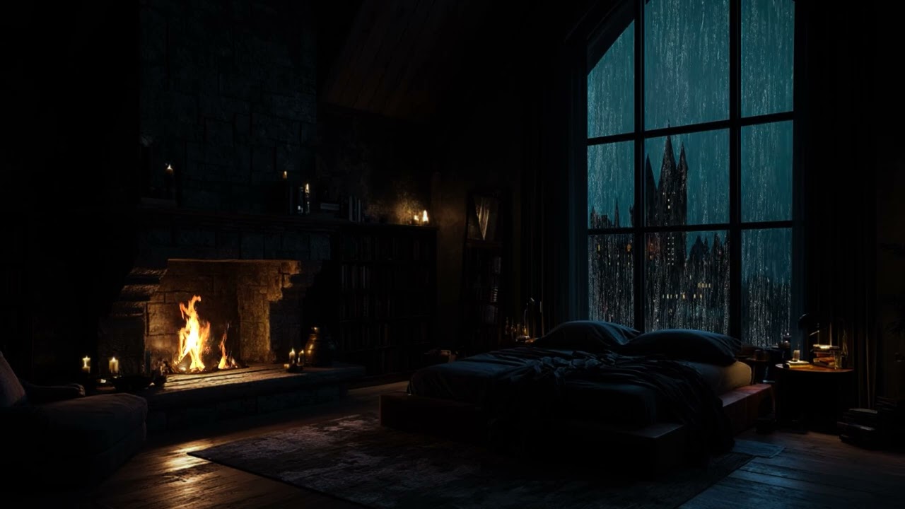 Rainy Medieval Castle Window View 🌧️🔥 | Cozy Fireplace Sounds | Ambience for Sleeping