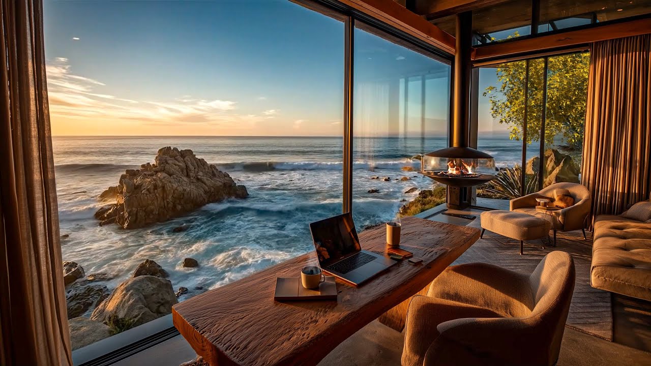Ocean Workspace Ambience 🌊 Ocean Waves & Fireplace Ambience for Focus & Relaxation