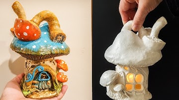 Easy Rustic Mushroom Fairy House Jar DIY Lantern - Air Dry Clay Tutorial #4