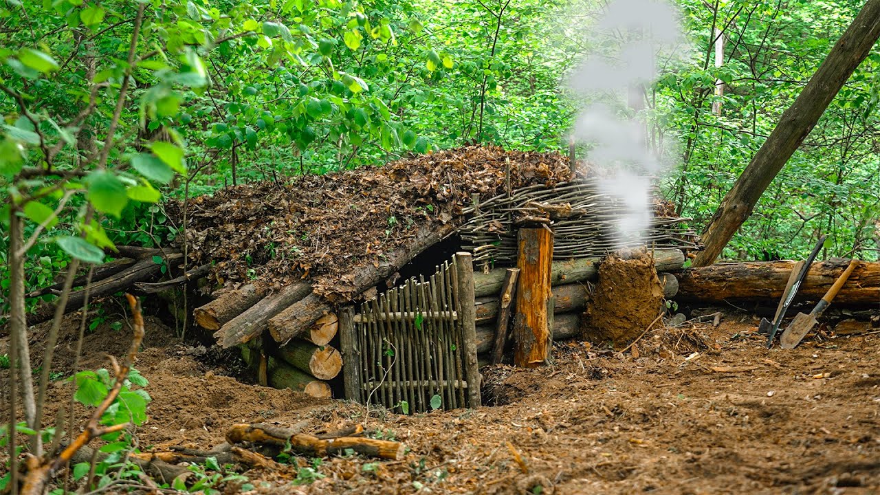 building underground bushcraft shelter for survival with clay oven ...
