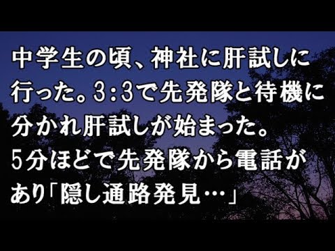 【修羅場　洒落怖】中学生の頃、神社に肝試しに行った。3：3で先発隊と待機に分かれ肝試しが始まった。5分ほどで先発隊から電話があり「隠し通路発見…」【修羅場・洒落怖のぞき見チャンネル】