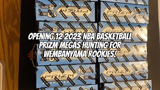 Opening 12 Mega Boxes of 2023 NBA Basketball Prizm to hunt for Wembanyama rookies.