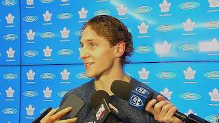 Travis dermott speaks with the media following practice on monday.