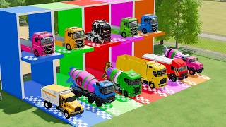 Colorful trucks - ALL COLORFUL KOBELCO SK210 EXCAVATOR, CONCRETE MIXER TRUCK TRANSPORTING - FS22