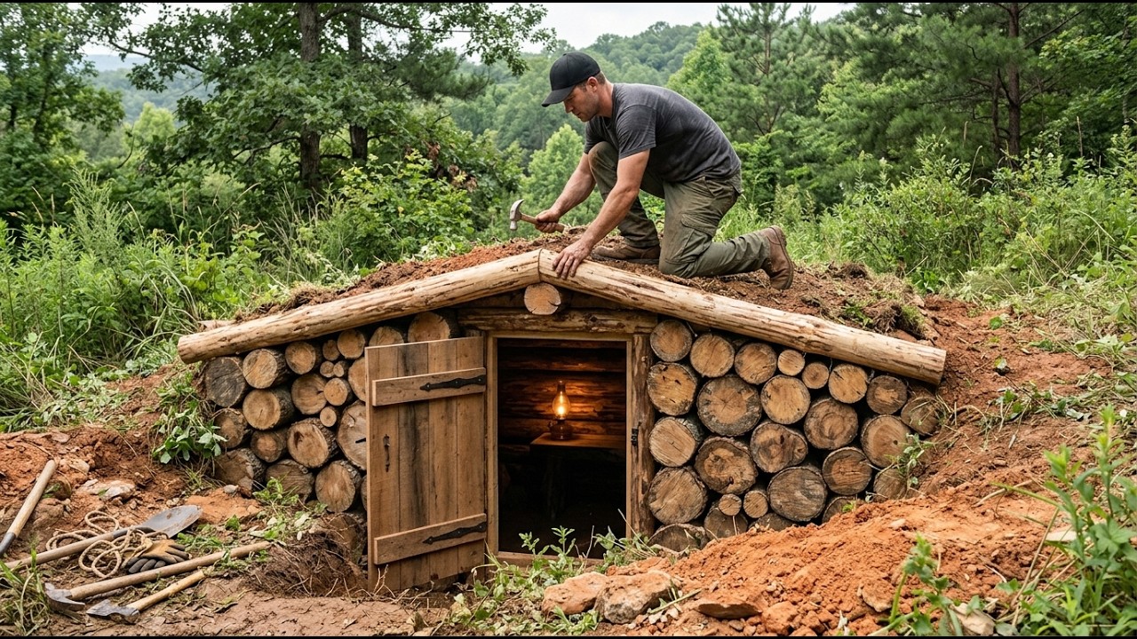 Secret and Cozy Underground Wooden House Build | Bushcraft, Survival