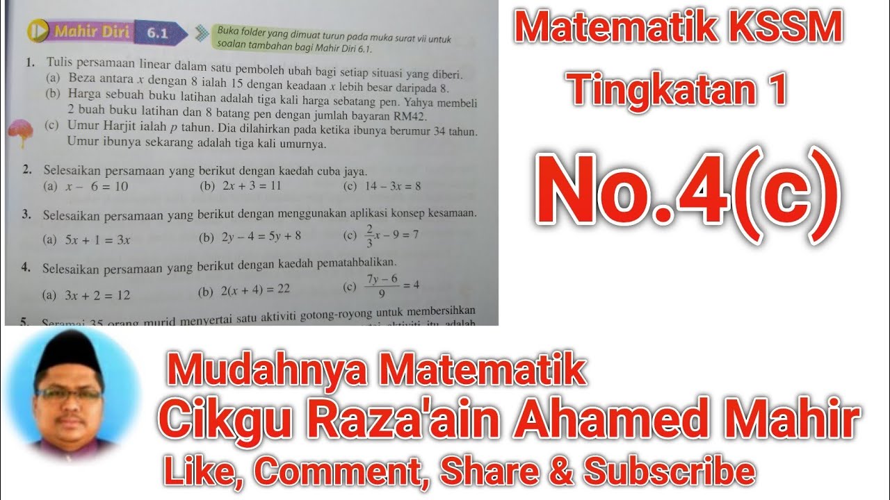 Mahir Diri 6 1 No 4 C Muka Surat 131 Buku Teks Matematik Kssm Tingkatan 1 Youtube