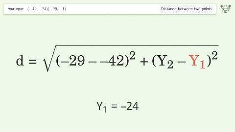 Find the distance between two points p1 (-42,-24) and p2 (-29,-1): Step-by-Step Video Solution