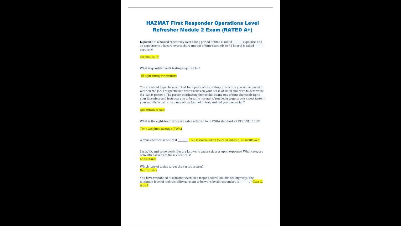 HAZMAT First Responder Operations Level Refresher Module 2 Exam RATED A+ YouTube