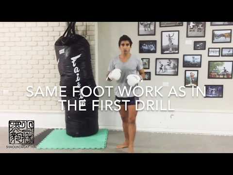 Sircle the heavy bag, side step to low kick-heibao