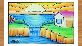 Menggambar Pemandangan Yang Mudah - Gambar Pemandangan Air Terjun Dan Rumah