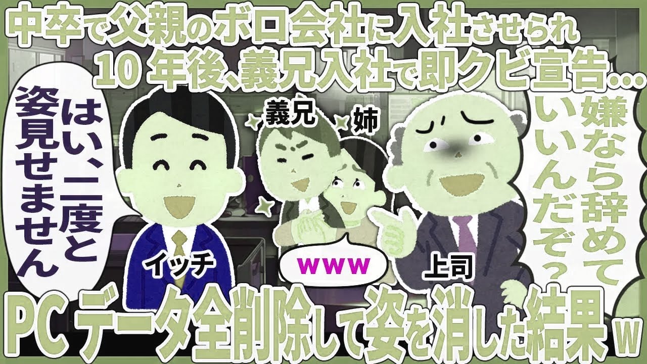 中卒で父親のボロ会社に入社させられ10年後、義兄入社で即クビ宣告... → PCデータ全削除して姿を消した結果w【2ch仕事スレ】