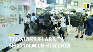 Protesters and police fight at Sha Tin MTR station, after day of protests in Hong Kong
