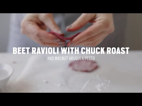 Beet Cassava Ravioli with Pre Chuck Roast Filling and Walnut Pesto Recipe