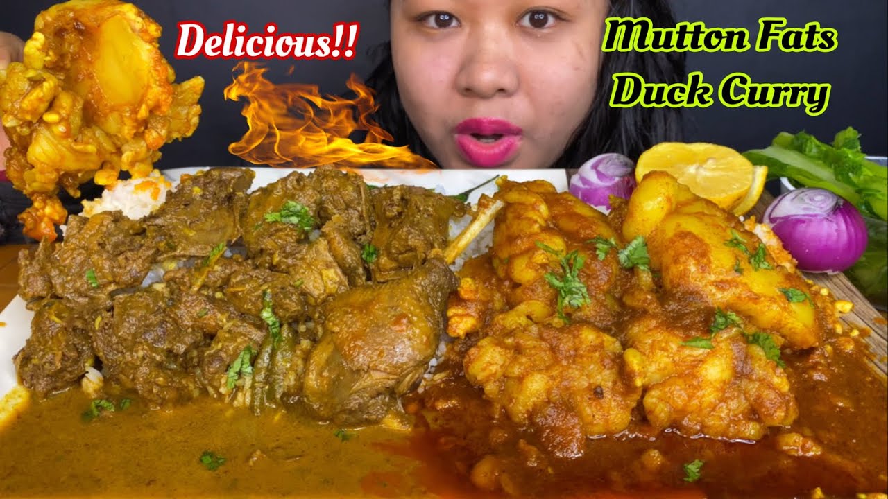 MOUTHWATERING SPICY DUCK CURRY, SPICY MUTTON FAT CURRY, BOILED VEGGIES & SALAD MUKBANG | BIG BITES
