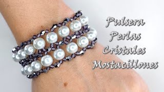 PULSERA DE PERLAS MOSTACILLONES Y CRISTALES DE ROMBOS