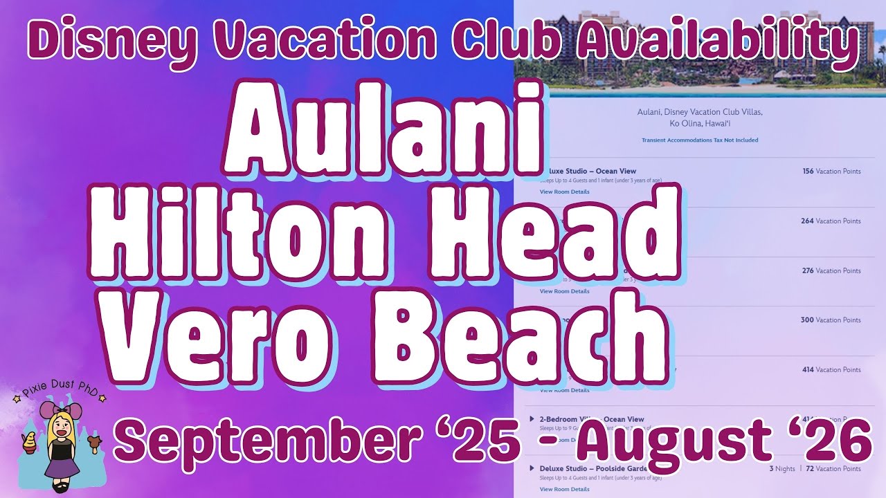 Доступность Disney Vacation Club: Аулани, Веро-Бич и Хилтон-Хед | Сентябрь 2025 г. — август 2026 г.