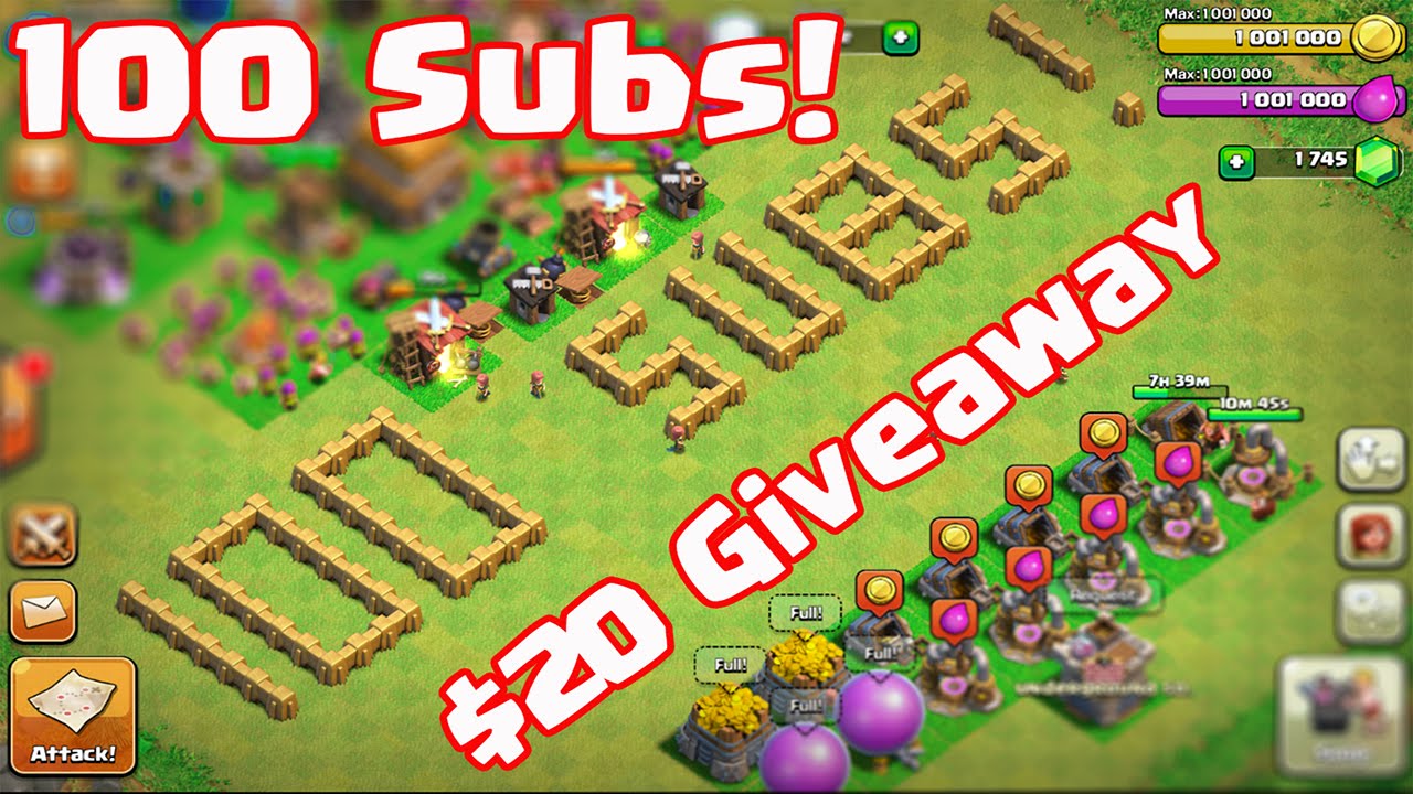 Clash Of Clans 100 Subscriber Special Giveaway 20 Gift Card 