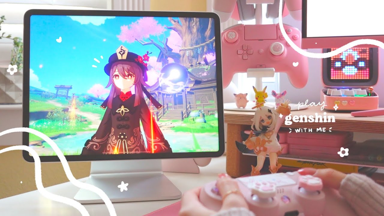 🥮 playing genshin impact on a cute lil' ipad setup | 1 hr of gameplay (jp dub) + controller asmr ✩