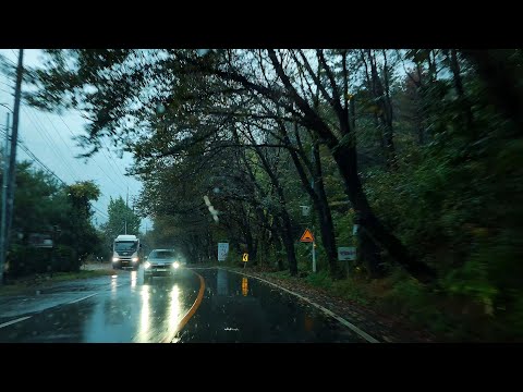 [4K. Rain drive] 북한강변 우중 드라이브. rain driving at the forest road. 빗소리 ASMR