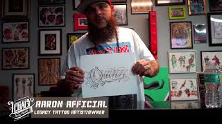 Lettering forearm tattoo by Aaron Afficial