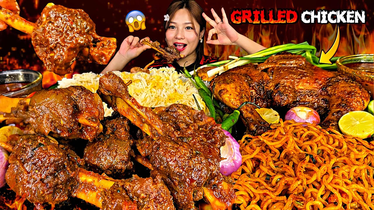 SPICY FRIED MUTTON LOLIPOP🔥🥵JUICY GRILLED CHICKEN😱2X NOODLES WITH BASMATI RICE | NEPALI MUKBANG