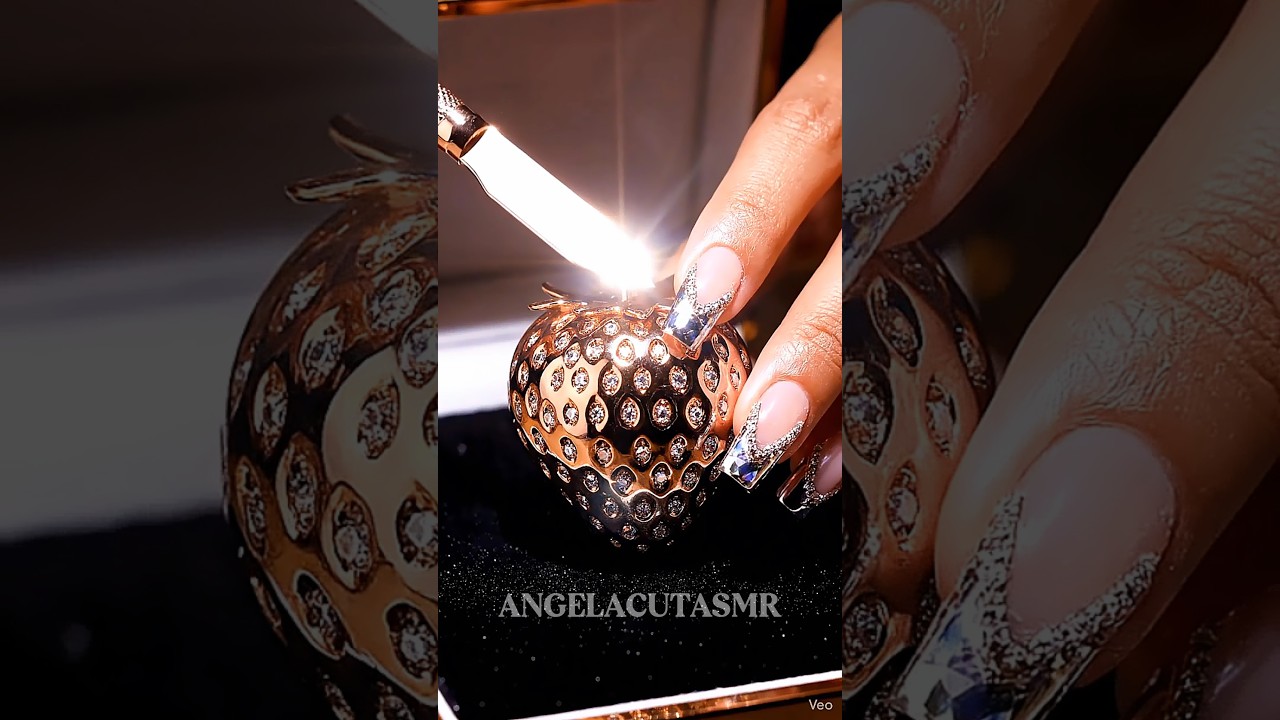 ASMR • Slicing a Diamond Strawberry Made of Rose Gold & Crystals 🍓 