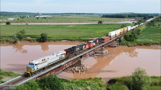 Nice Aerial 4K View!  Nice Power on Stack Train CN 120 on Bridge at Shubenacadie, NS -Track Speed