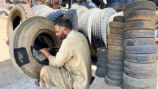 Truck cut tyre repairing process ||Awesome Technique of repairing tyre|| truck riven tyre repairing
