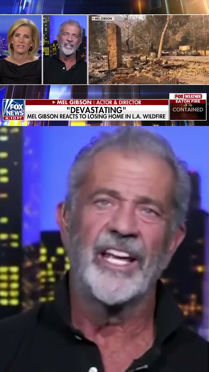Mel Gibson reacts after losing his home in California wildfire