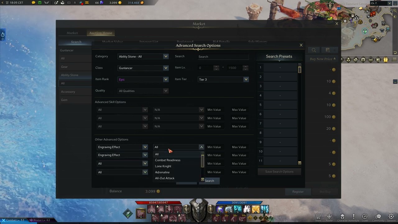 How to search for specific Engraving Effects on the Auction House in Lost Ark