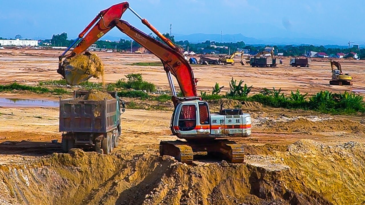 PART 2 | HITACHI Excavator Loading MAN Trucks Transporting land to ...