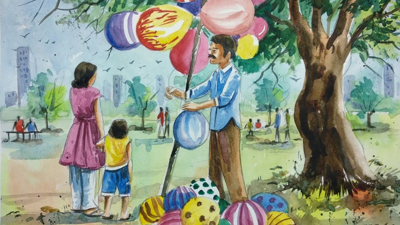 How To Draw a Balloon Seller Step By Step / Easy Watercolor Painting ...