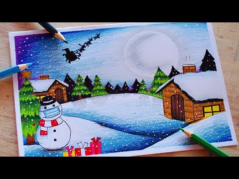 ไอเดียวาดรูปวันคริสต์มาส (สีไม้)/ วาดรูปสโนแมน☃️ | how to draw scenery Christmas/ merry Christmas 🎄🎅