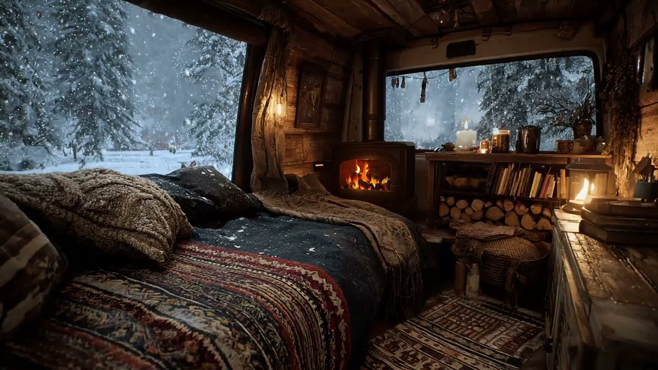 Heavy Snow and Strong Wind on Van Roof at Night | Fall Asleep Fast with Winter Sleep Sounds