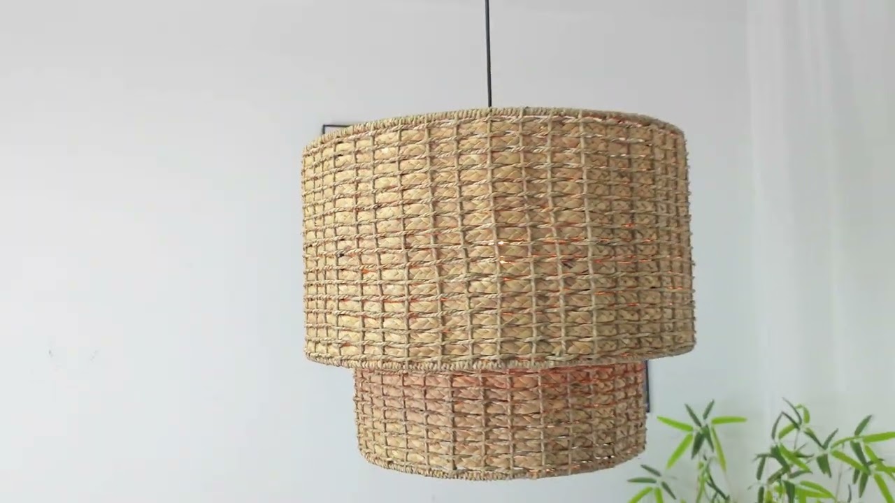 Japanese Style Light Brown Rattan Double-tier Pendant Light For Dining Room