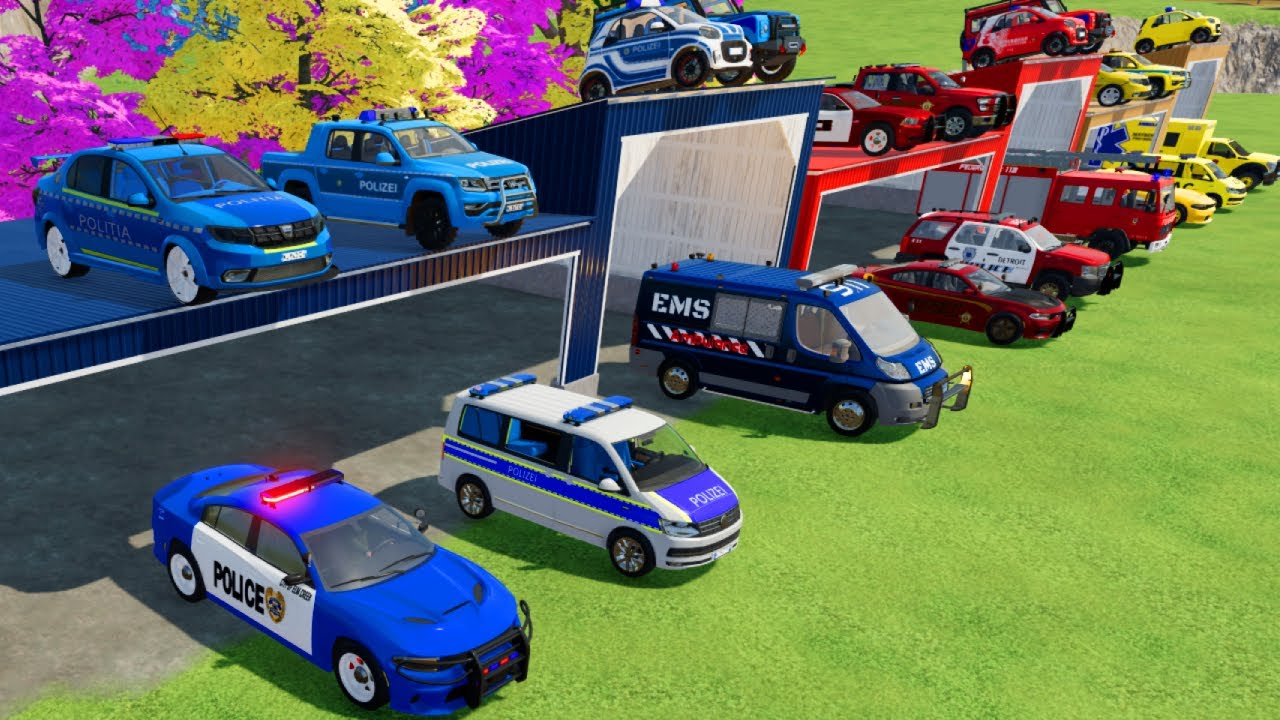 TRANSPORTING CARS, AMBULANCE, POLICE CARS, FIRE TRUCK OF COLORS! WITH TRUCKS! - FS 22