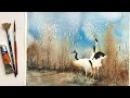 USE SALT! Atmospheric Watercolor Wetland Marsh, Cranes Beautiful Watercolour Landscape Painting Demo
