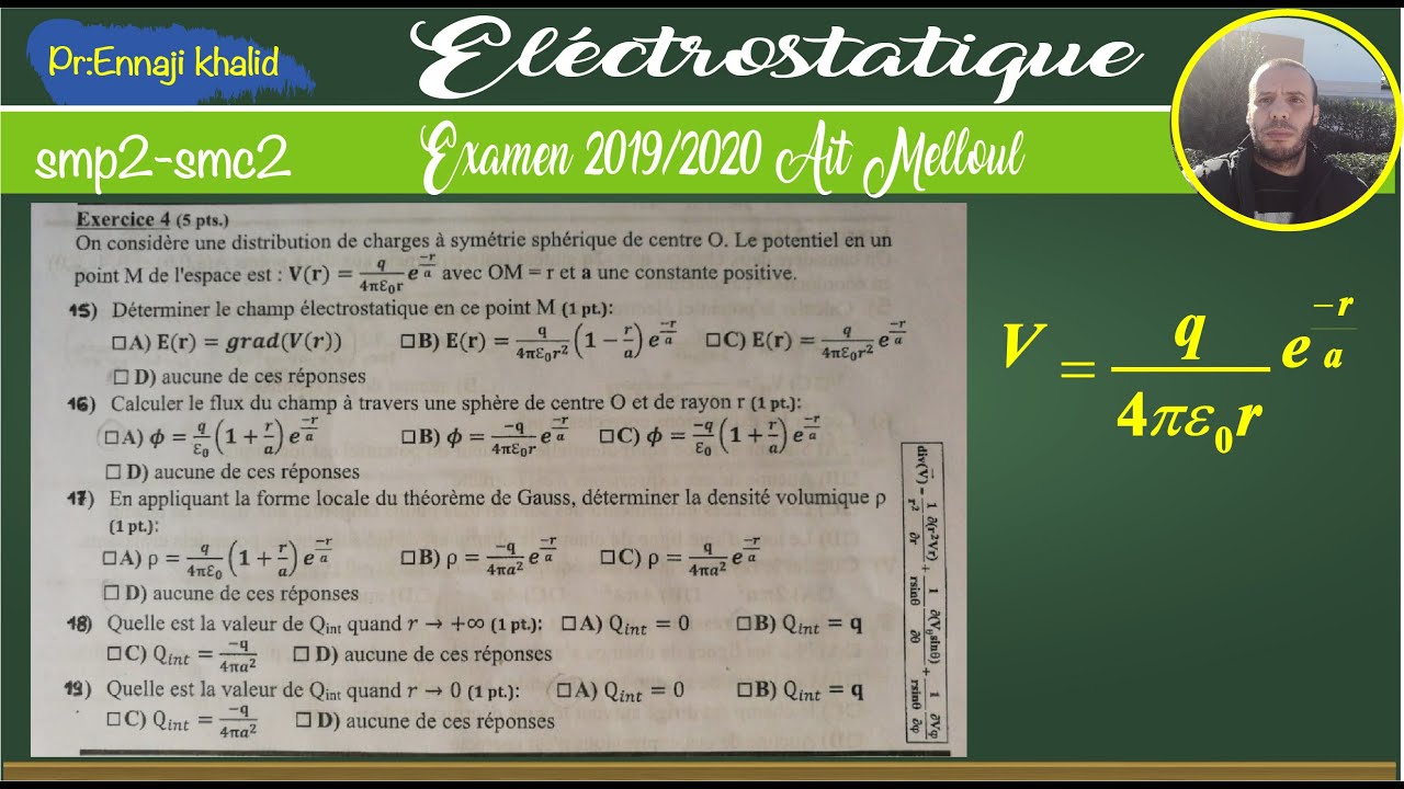 Examen d'électricité (Électrostatique) smp2 2019-2020 Ait Melloul exercice 4