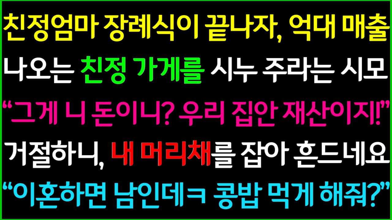 사이다-친정엄마 장례식이 끝나고 유산을 상속받은걸 알고는 친정 가게를 시누한테 넘기라는 시어머니, 거절하니 내 머리채를 잡아 흔드네요? 아줌마! 이혼하면 남인데 감당할수 있겠어?ㅋ