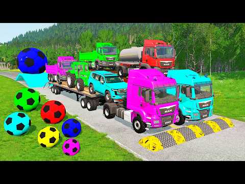 Flatbed Trailer McQueen Transportation with Truck - Speedbumps vs Cars vs Train - BeamNG.Drive #103