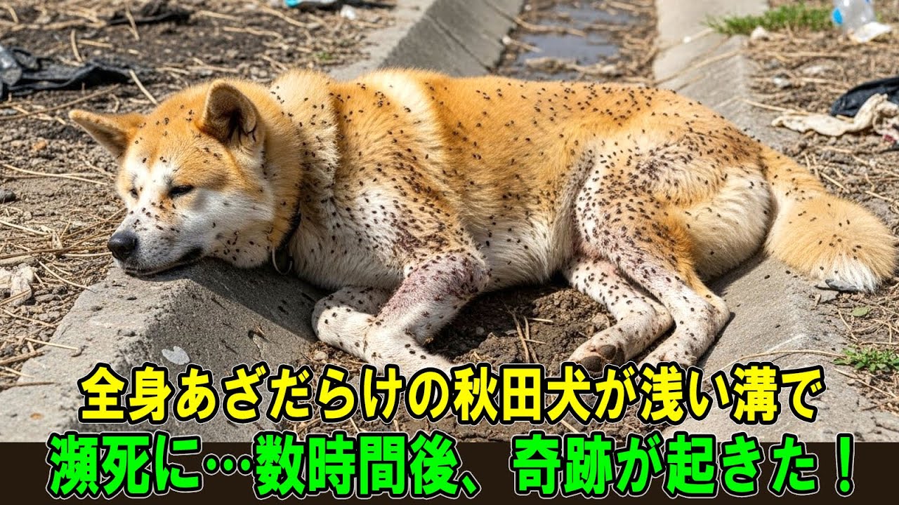 【奇跡の実話】全身にあざを負った秋田犬が、浅い溝の中で瀕死の状態で倒れていた。体中には何千匹ものダニがびっしりと付着していた…。――しかし数時間後、奇跡が起こった！