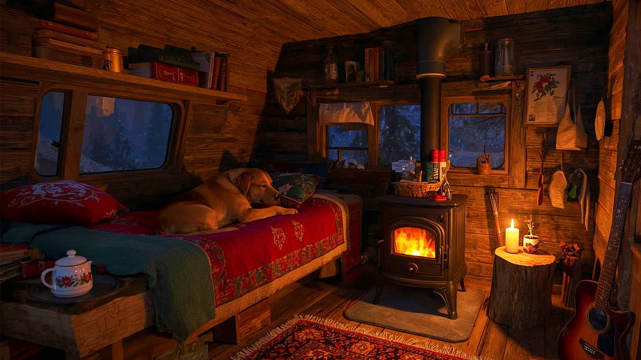 Засыпайте быстро в тёплом автофургоне — снежная ночь, звуки камина и глубокий сон